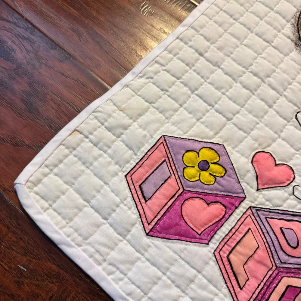Vintage Nursery Baby 33x48 Quilted Blanket Teddy Bears I Love Bears Blocks White